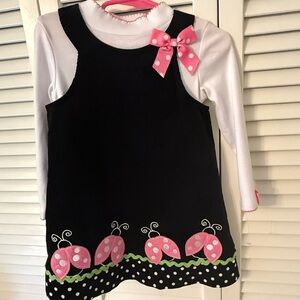 Bonnie Baby Black Jumper Dress with White Top and Pink Polka Dot Bows
